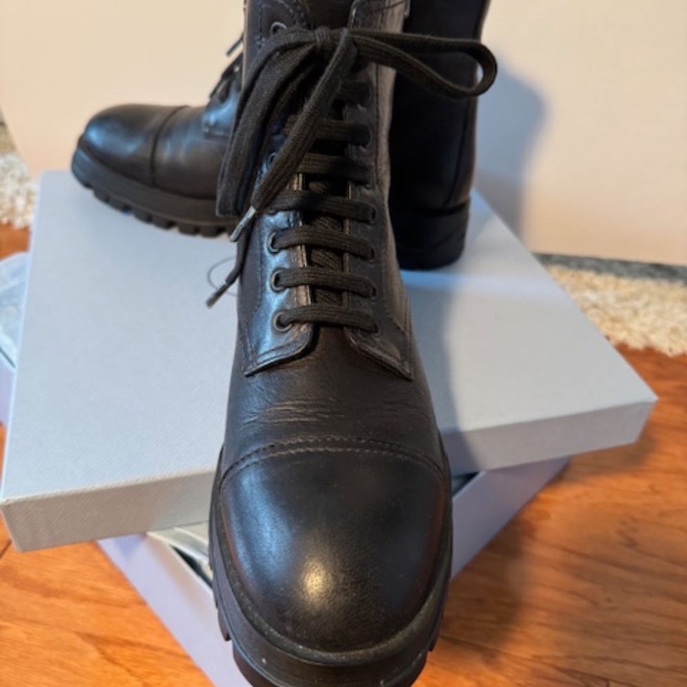 PRADA Black Leather Lug Sole Combat Boots Size 39 1/2 EU / 9,5 US - Picture 4 of 16